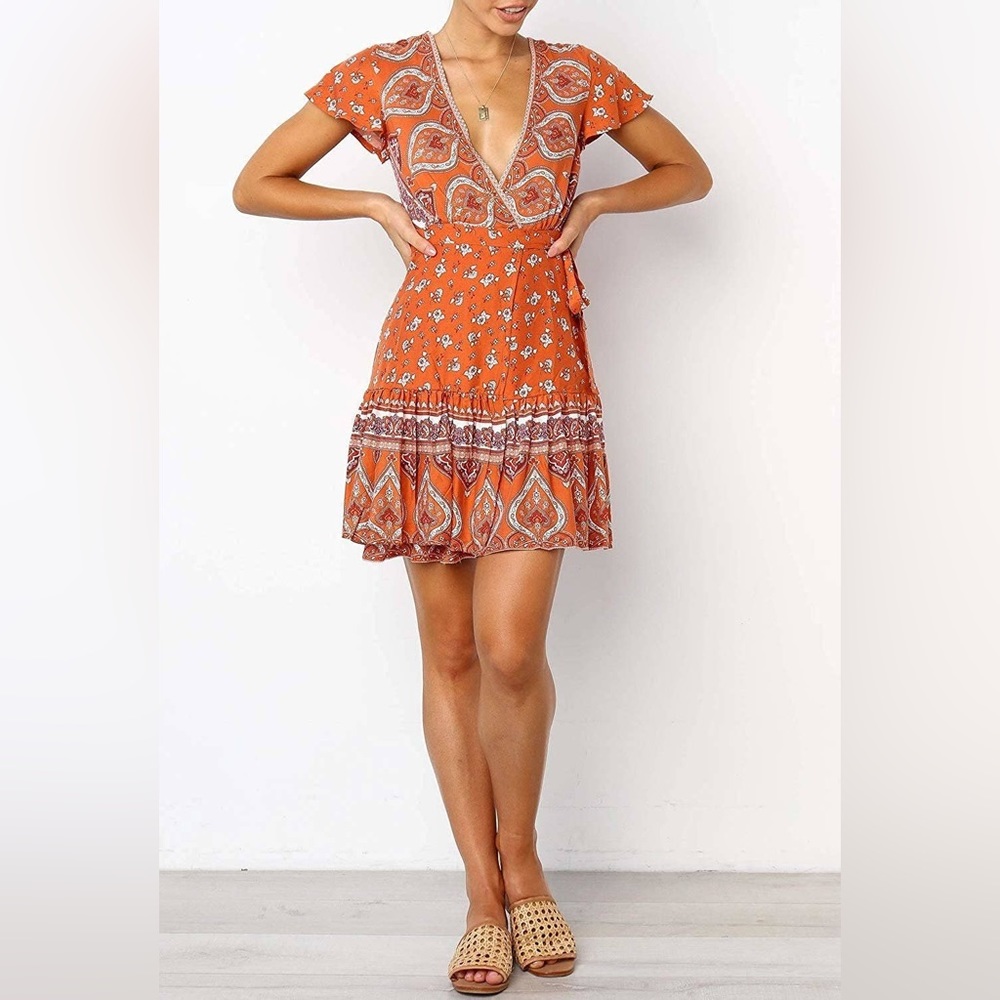 Summer Wrap V Neck Bohemian Floral Print Ruffle Swing A Line Beach Mini Dress